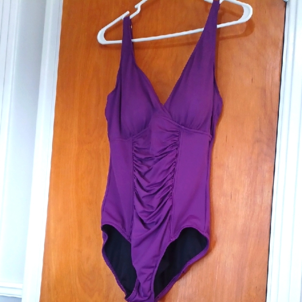 Purple 1 Pc. Swimuit.  Shirred In Front.  V-neck.  Adj.straps.Sz.12.  EUC!